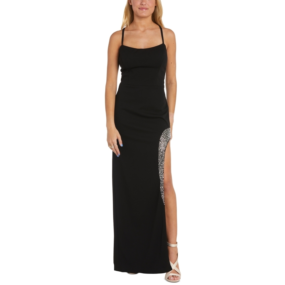 NW Nightway Womens Rhinestone-trim Sleeveless Formal Gown Dress Black 10